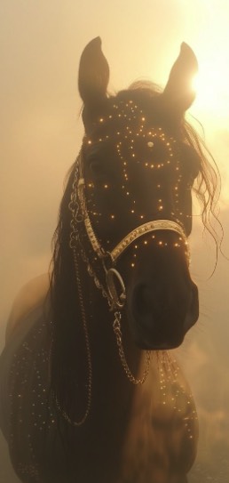 Retrato de un caballo oscuro a contraluz, entre la niebla dorada