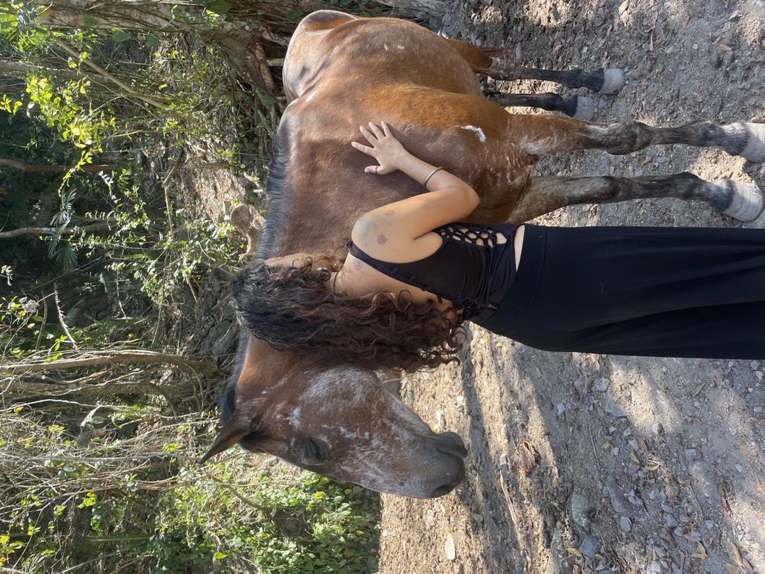 Una mujer acompaña a un caballo alazán junto al agua
