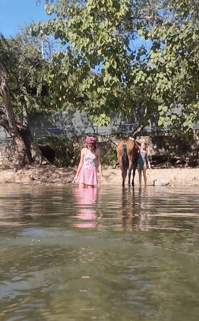 Niñas y niños junto al río en una experiencia con caballos en Puerto Vallarta