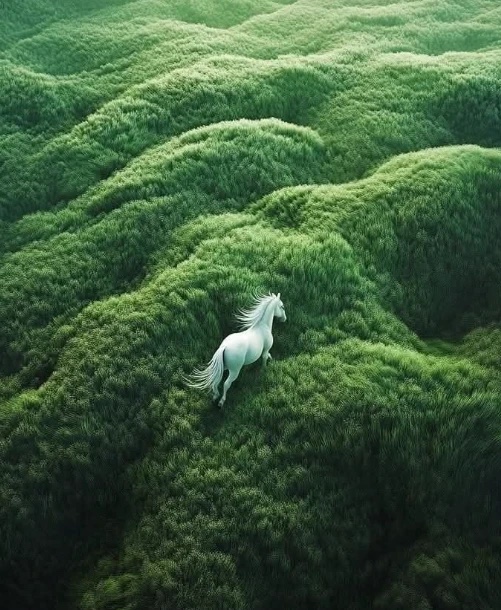 Un caballo blanco corriendo por las colinas verdes, visto desde el aire