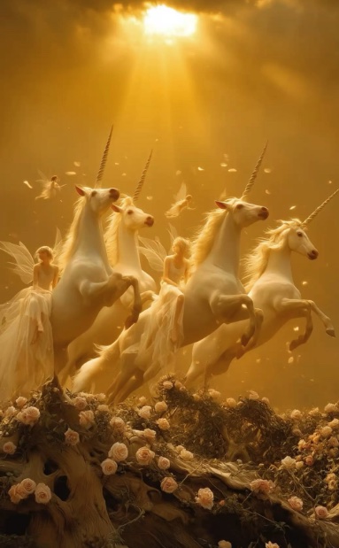 Caballos blancos entre la luz dorada y las flores
