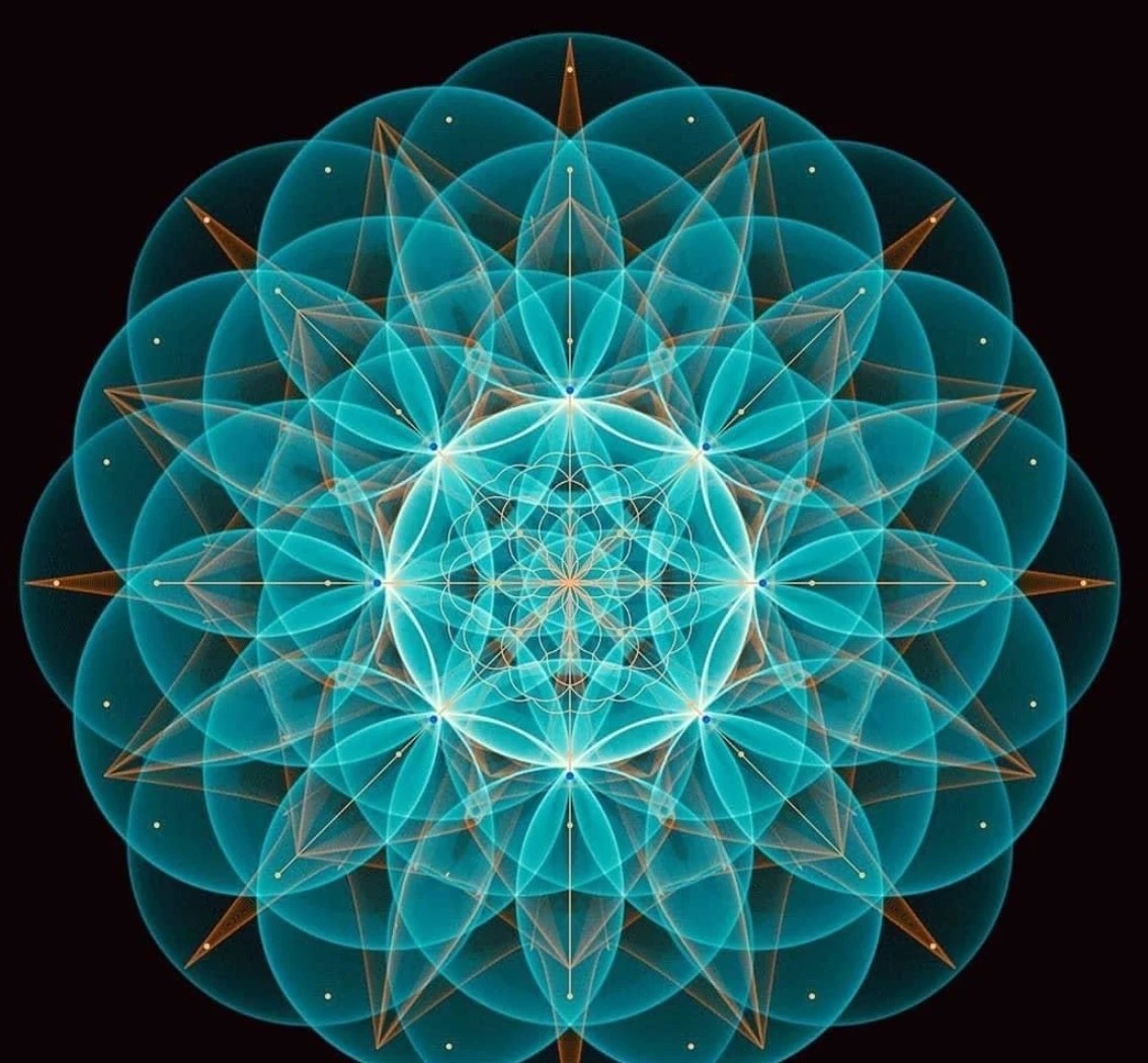 Mandala de geometría sagrada en turquesa y dorado sobre fondo oscuro