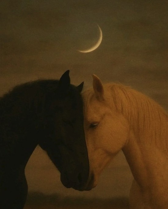 Dos caballos juntan sus cabezas bajo una luna creciente