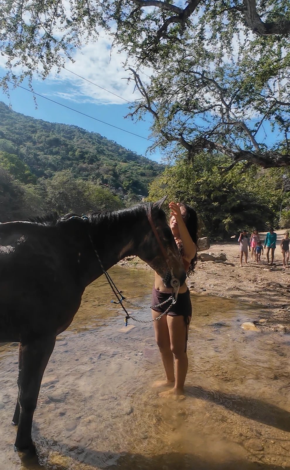 Una mujer levanta la mano junto a un caballo negro dentro del río, en Puerto Vallarta